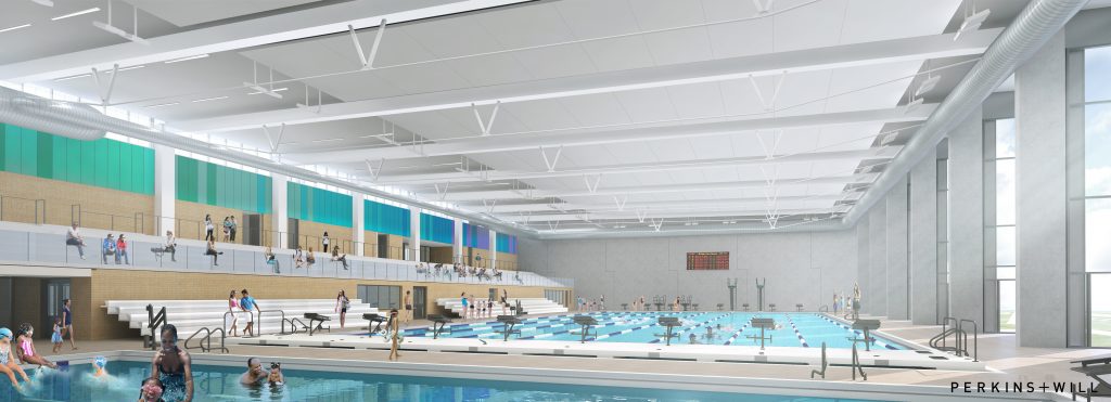 Phase 1's natatorium will house a 50-Meter competition-ready pool with all the required amenities to host regional meets at this facility, including seating for up to 800 spectators.