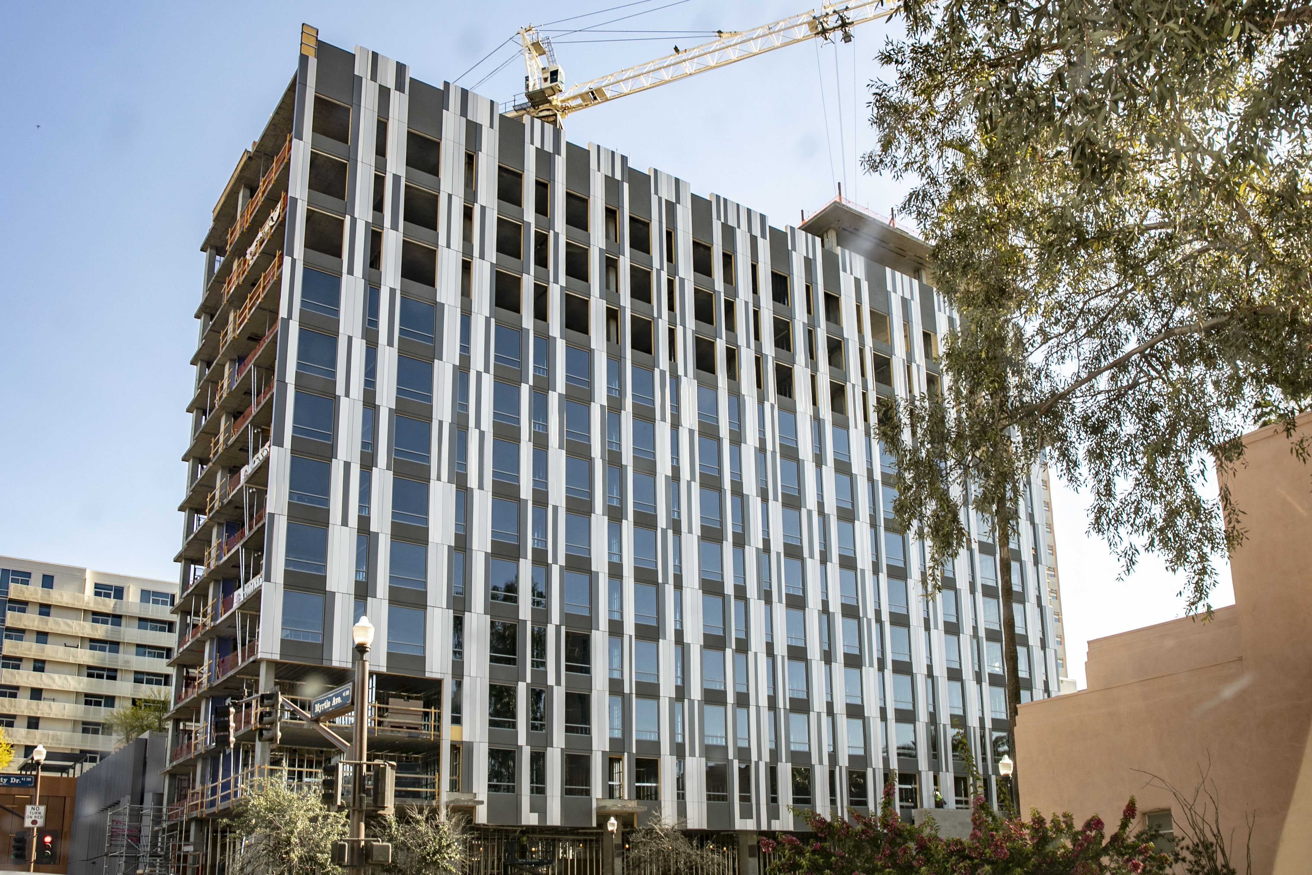 The Canopy by Hilton Tempe's south elevation panel installation is now complete, with windows installed up through level 10 and remaining windows on Levels 11 to 13 scheduled to complete next week.