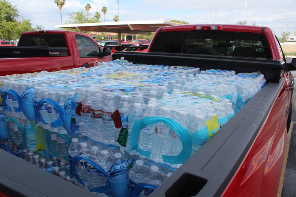 Hundreds of bottles of water waiting to be added to the thousands on the semi.