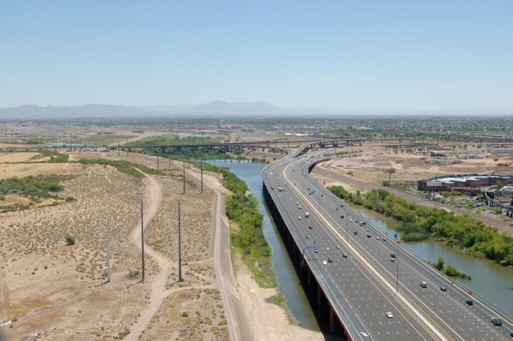 aerial view of the finished mile-long bridge on state route 202 in Tempe, Arizona