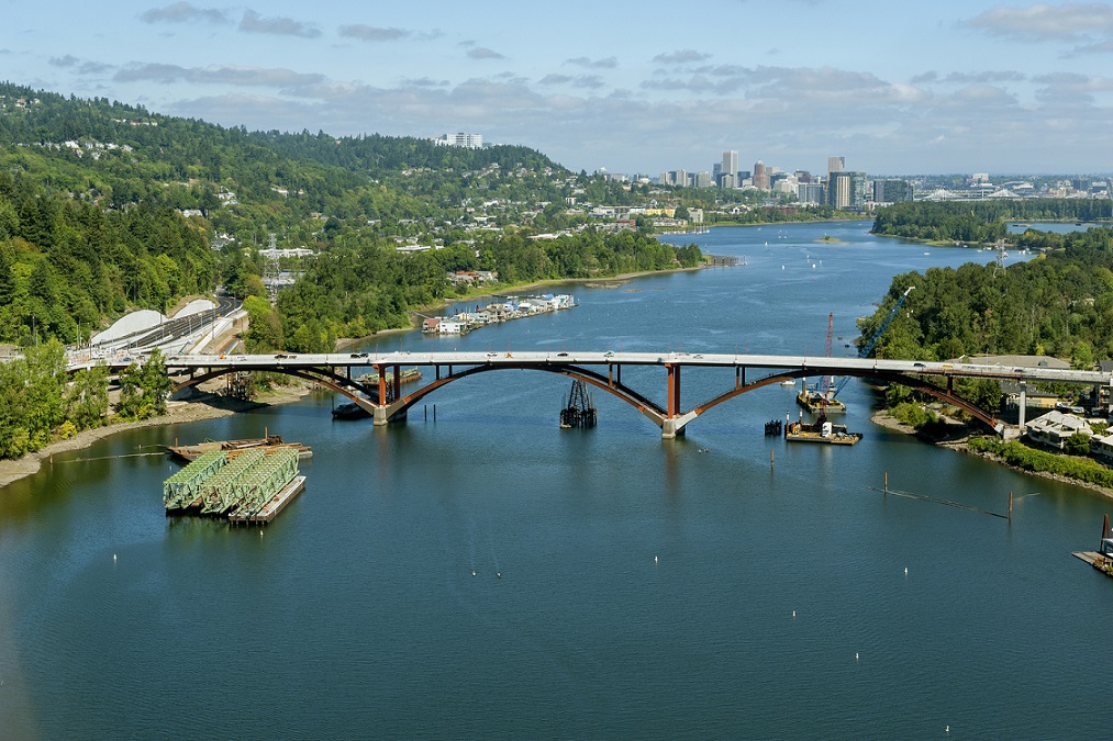 aerial view of finished sellwood bridge spanning Willamette River in Portland, Oregon