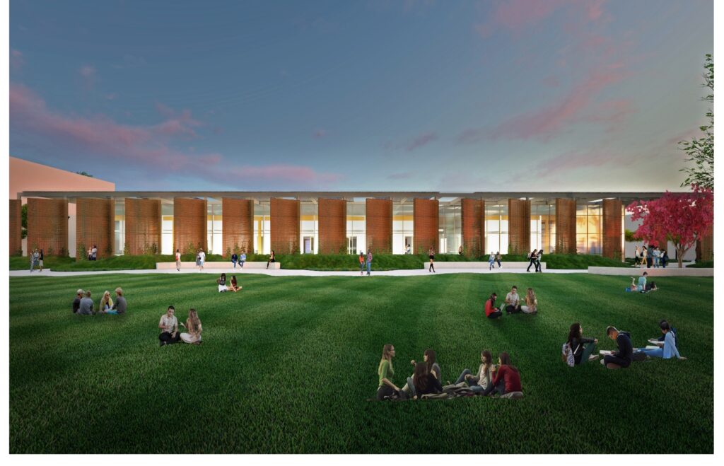 rendering of new net-zero energy Institutional Technology Building project at Southwestern College 1-story building with students sitting on courtyard lawn
