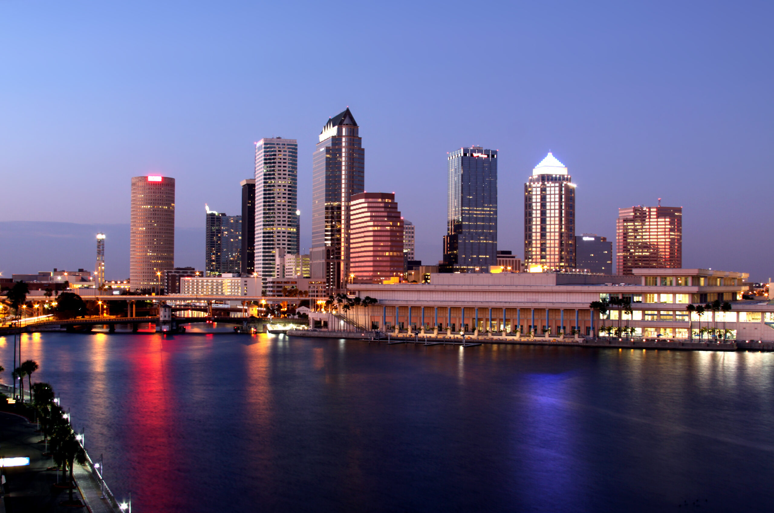 Tampa Skyline - Panoramatic night view on modern skyscrapes in business downtown