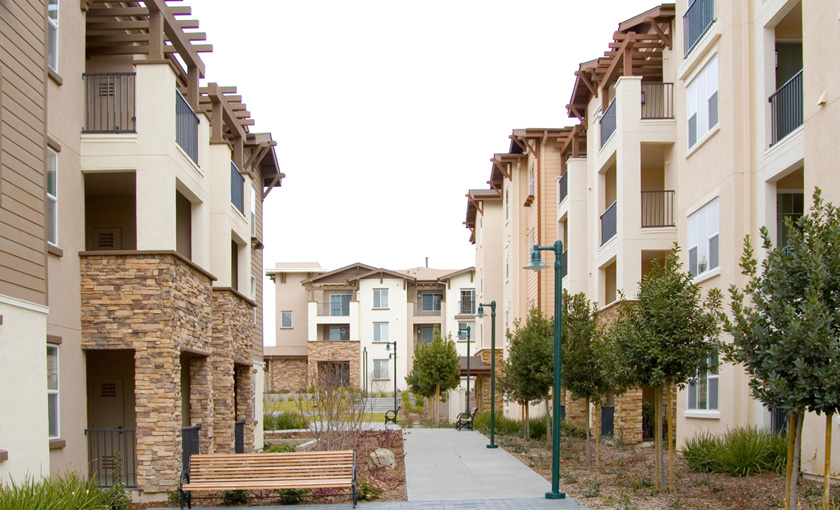 walk-up view of multi-family and senior apartments at Dublin Fairway Ranch in Dublin California