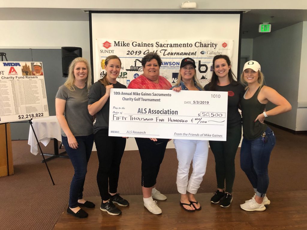 From left to right: Sara Gwaltney (ALS), Julia Marsili (ALS), Aly Gartin (Sundt), Amy Sugimoto (ALS), Stephanie Daniels (ALS), and Madison Jones (Sundt) hold a check for the ALS Association.