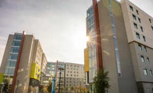 Sundt Cal Poly Pomona Student Housing complex, view looking up at two towers