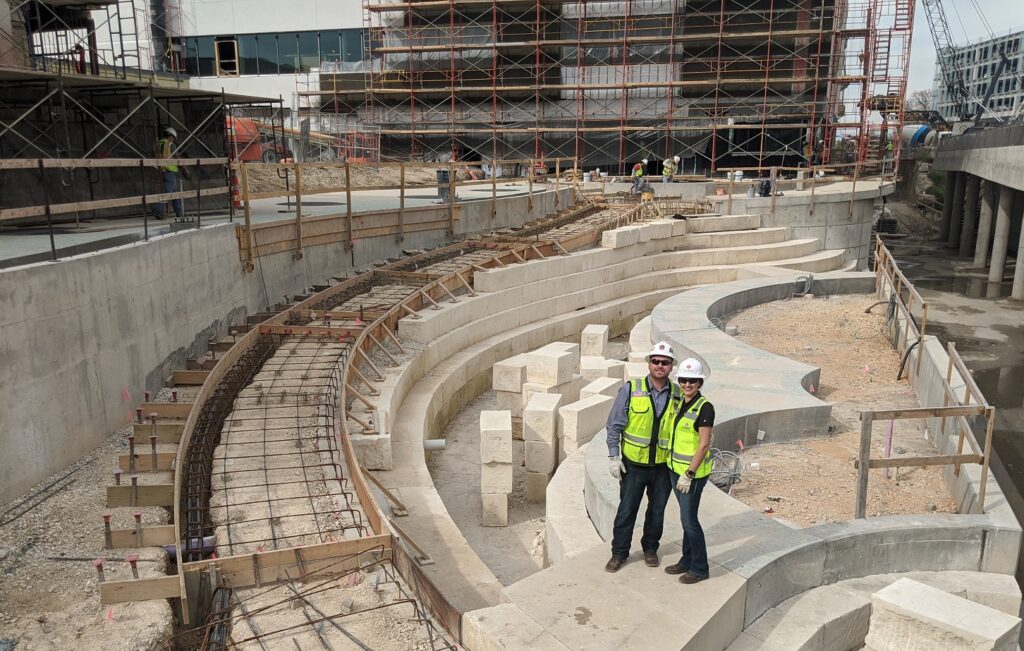 Chad and Amy pose on site at San Pedro Creek Culture Park, Alameda Gardens construction site