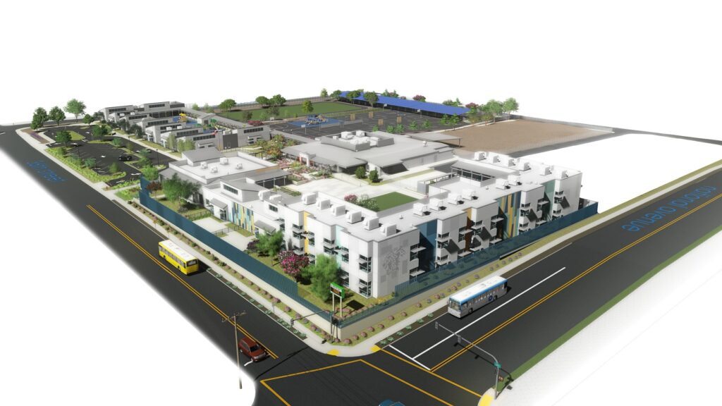 rendering from aerial perspective of Emerson Bandini elementary school site modernization project