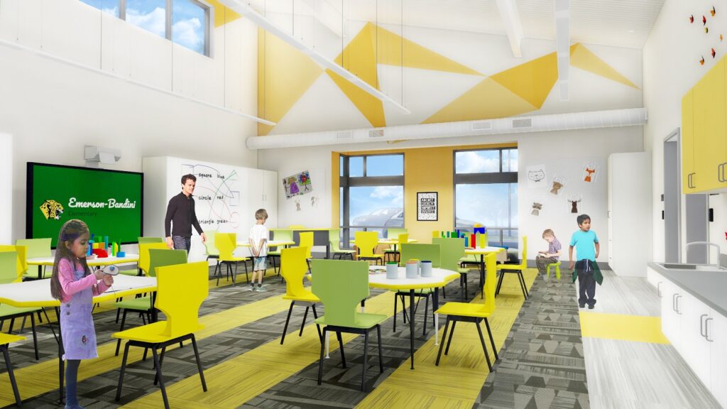 representación de un arquitecto que muestra un nuevo salón de clases de jardín de infantes en la escuela primaria emerson bandini