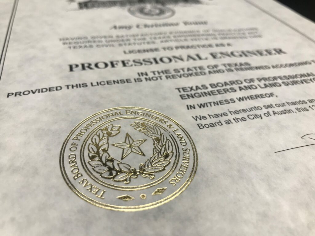photo of Texas Professional Engineer license