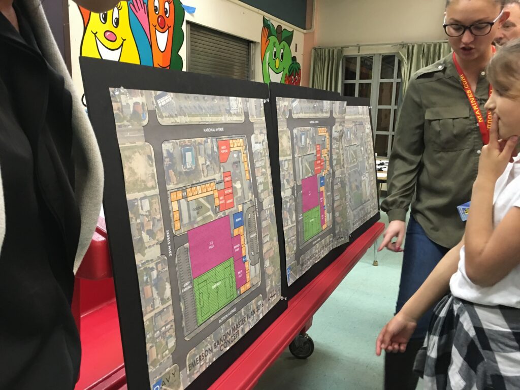 students and teachers give input at community meeting on new campus for emerson bandini design phase with davy architecture