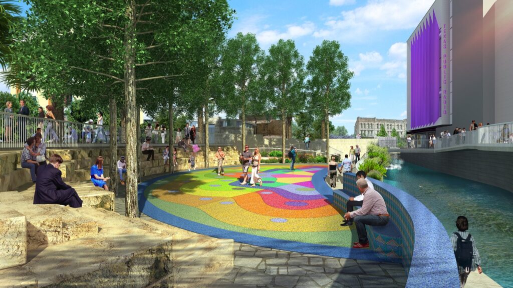 daytime rendering of the Alameda Plaza with distinctively colored, glass-seeded concrete and limestone amphitheater seating, people sitting, walking, talking.