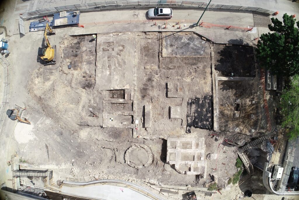 Aerial Photograph from drone shows Excavation of historic AME church foundation site below