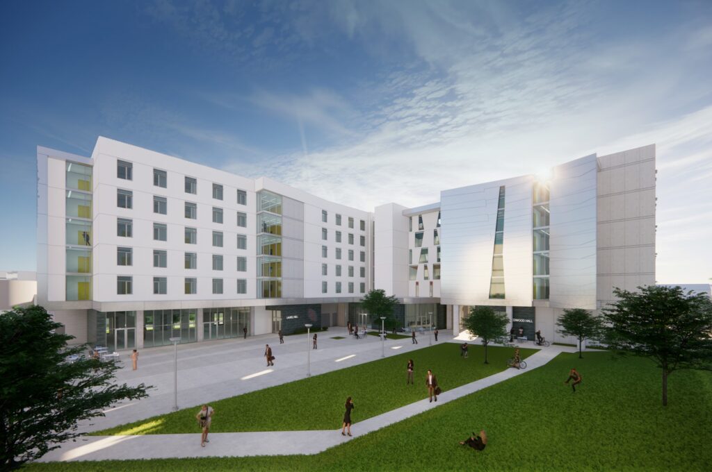 architect's rendering of 600-bed, 186,500-square-foot Student Housing Expansion on CSU Fullerton Campus