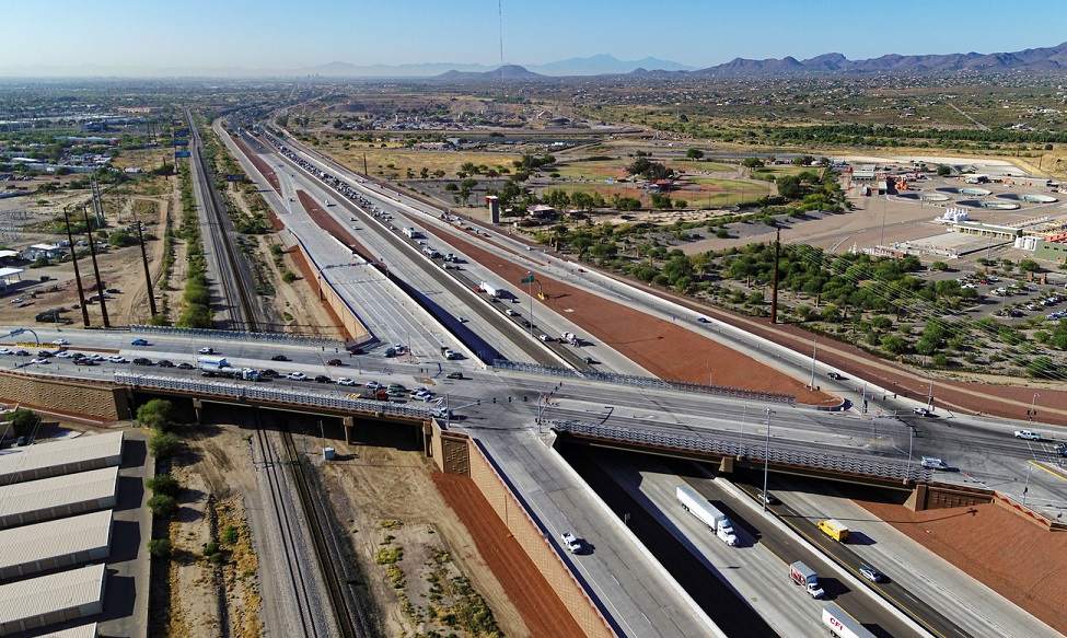 aerial shot of rebuilt and elevated Ina Road interchange, crossing over the UPRR railroad and Interstate 10