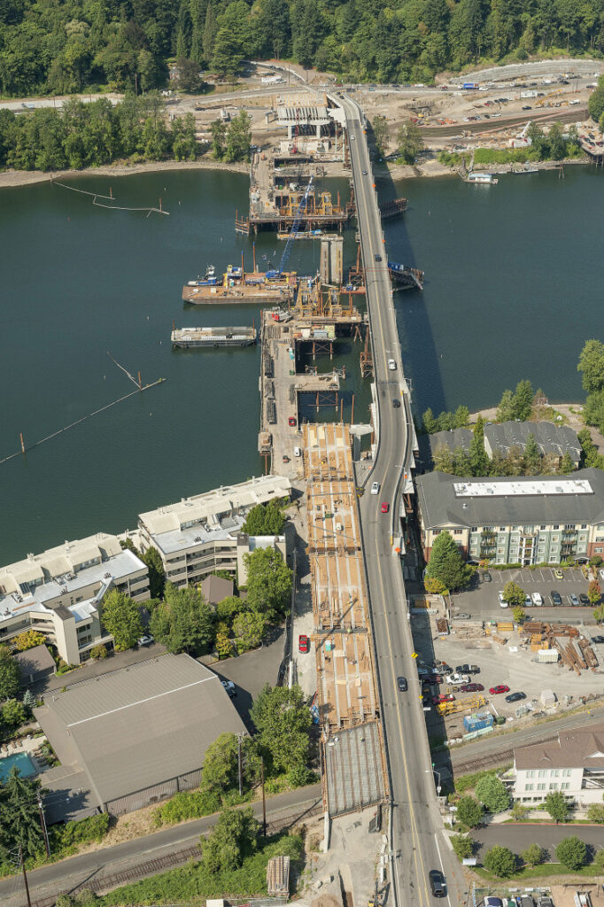aerial of new sellwood bridge under construction with "shoofly" (old bridge) next to it giving traffic a detour