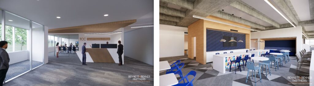 Renderings of the renovated West Fork building from project architect Bennet and Benner Partners show how a new lobby and social kitchen will look upon completion in 2021. 
