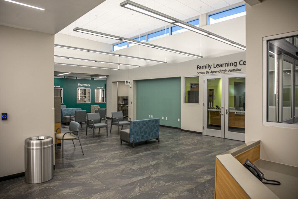 The main lobby of the South Phoenix/Laveen Community Health Center, with open floor plan and skylights