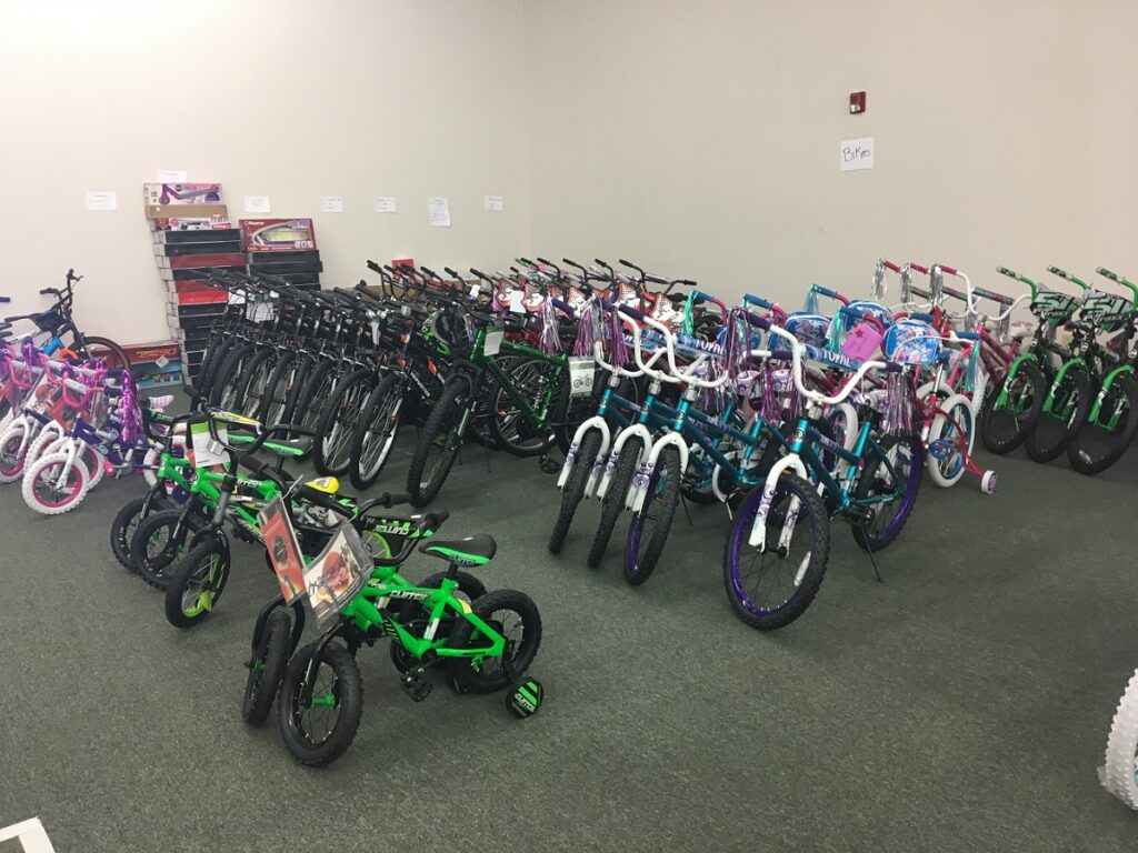 room full of bikes for all ages, for Grace Christmas cottage event