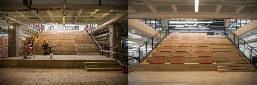 vistas durante y después de la construcción de la escalera de aprendizaje de la biblioteca del Distrito de Éxito Estudiantil de la U of A