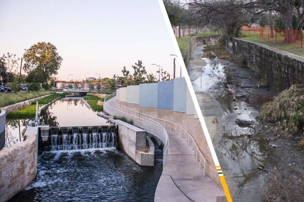 Before and after of San Pedro Creek in San Antonio, Texas