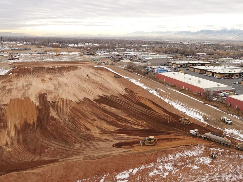 drone view of preload pile being finished at SLC water treatment plant