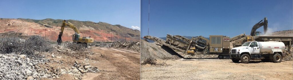 Un operador de excavadora separa el concreto demolido de las barras de refuerzo de acero, dejando lo que parecen enormes plantas rodadoras de metal para ser recicladas en un depósito de chatarra.