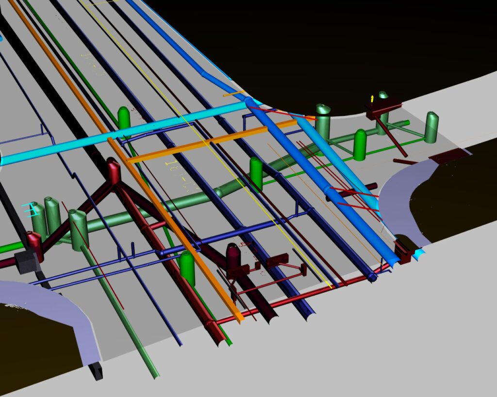 A 3D BIM model showing underground utilities on the NW Extension Light Rail project