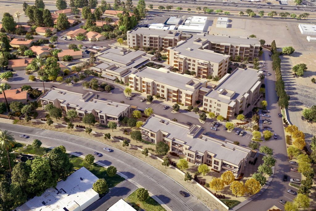 Aerial rendering of Inspirata Point Independent Living community, multiple 3 and 4 story buildings