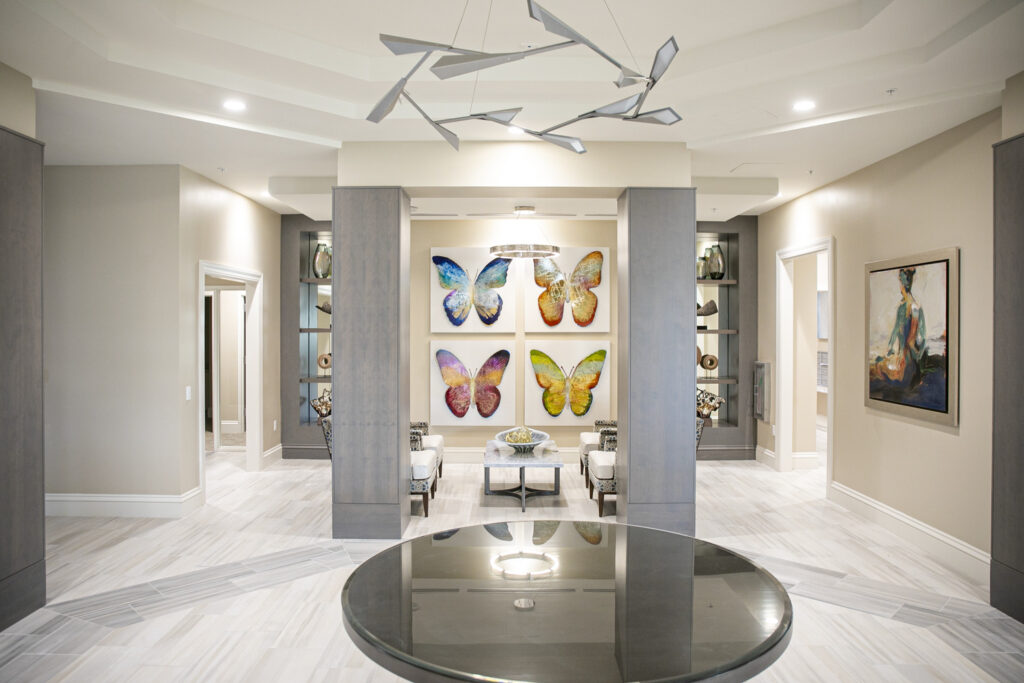 interior view of Avesta Residences at Dublin lobby with butterfly sculptures