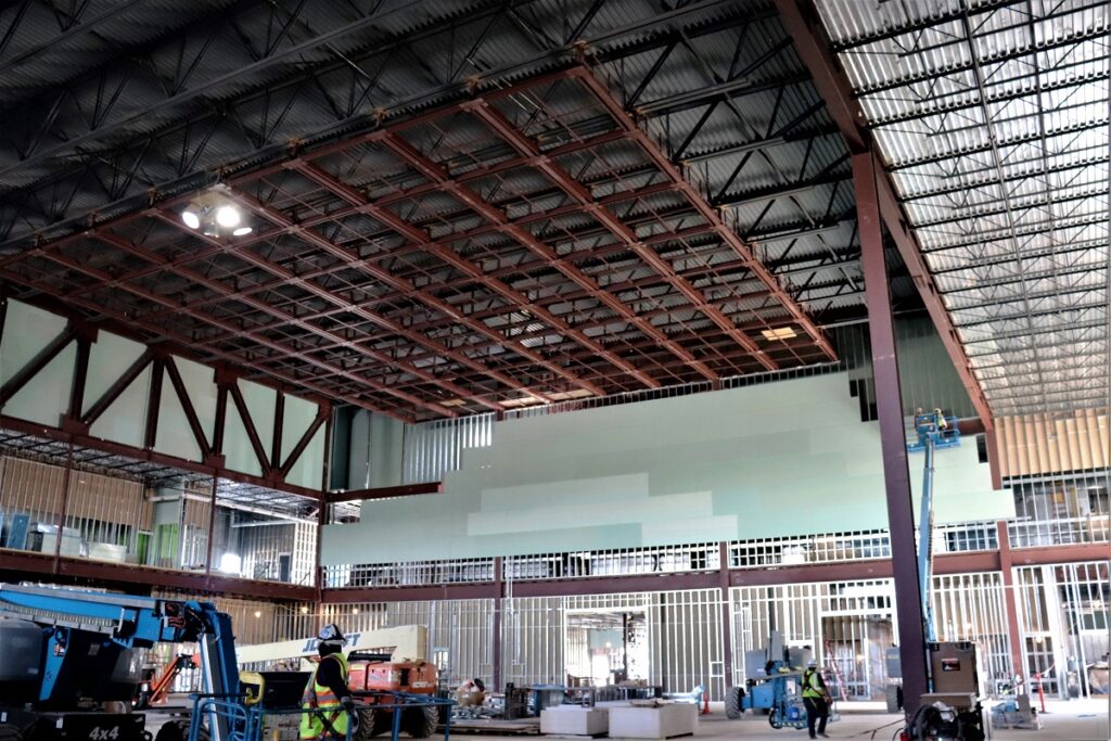 Interior construction progress shot of the new 2,500-person arena, with roofing now in place.