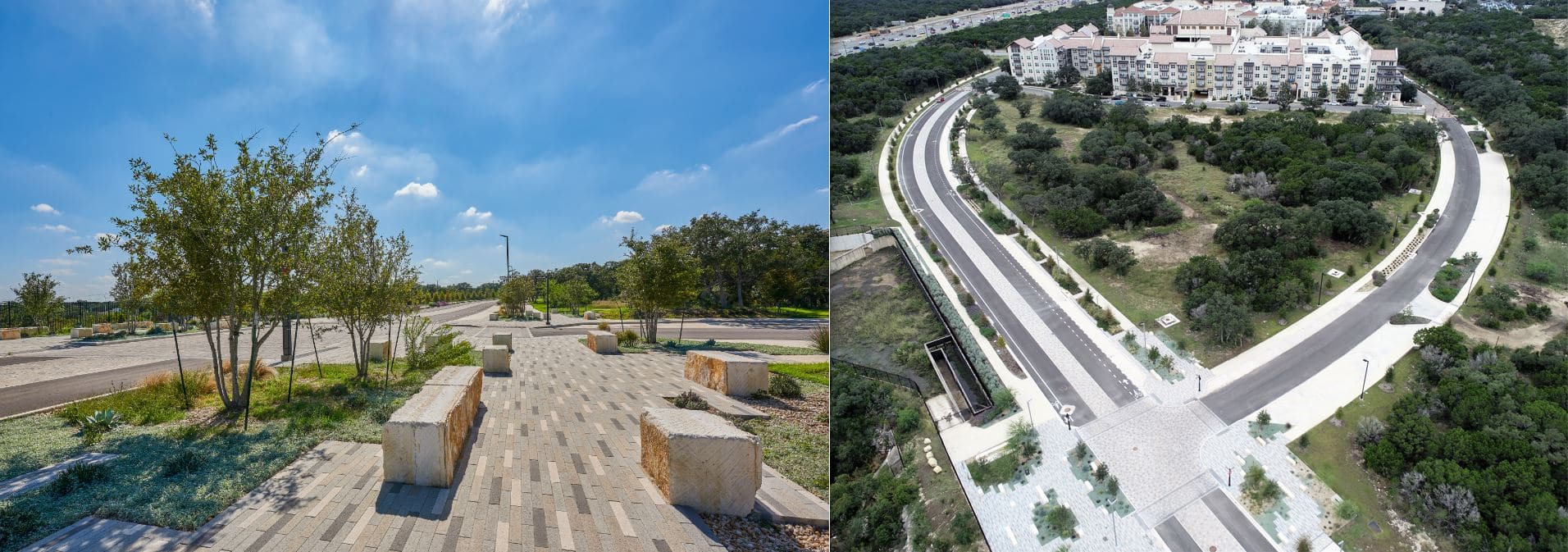 La Cantera Town Center Street view of sidewalks and landscaping next to drone view of whole site with finished streets and sidewalks