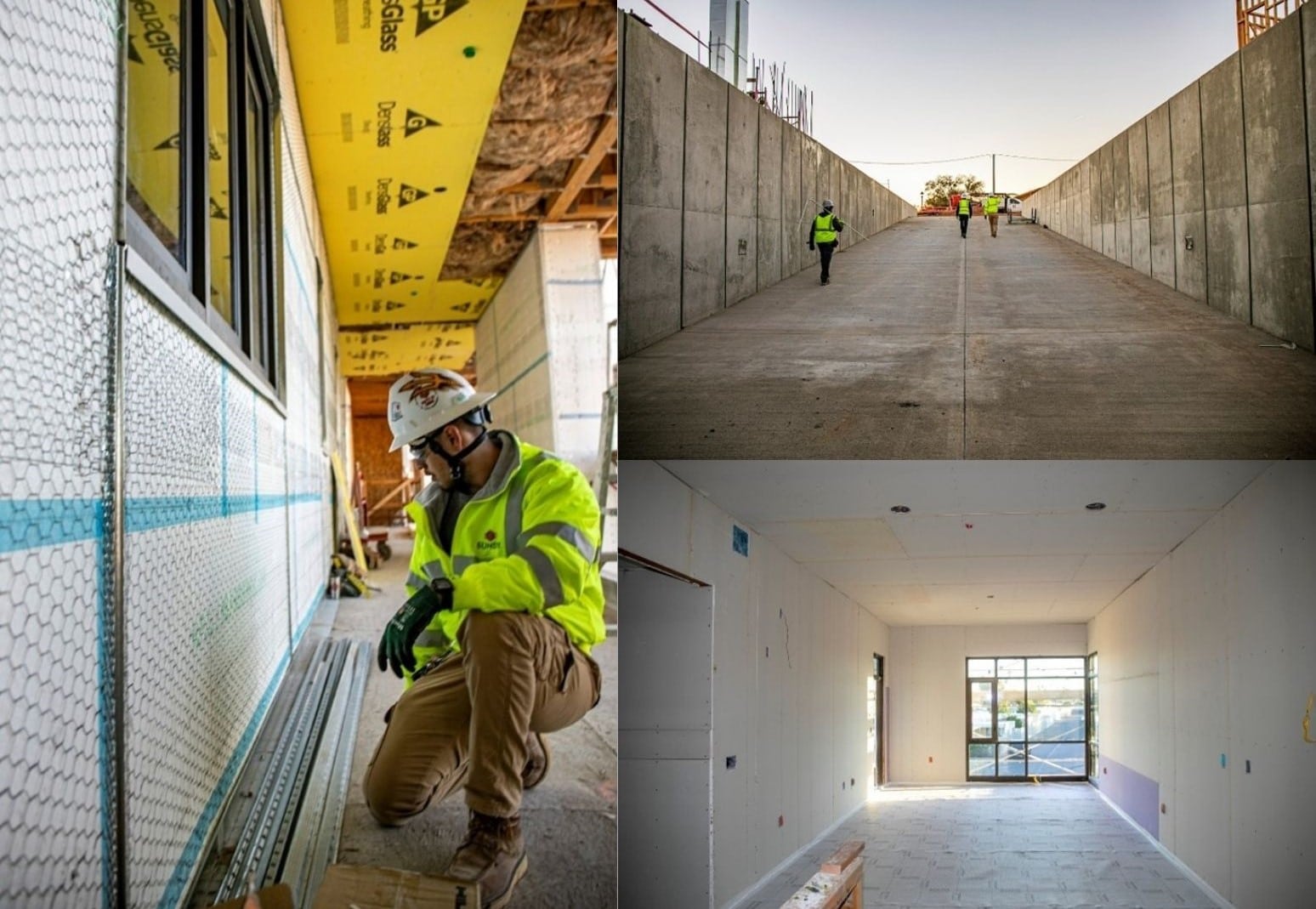 superintendent walks construction site and examines building materials