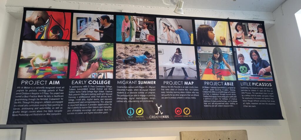 A sign showing six programs that are offered by Creative Kids.