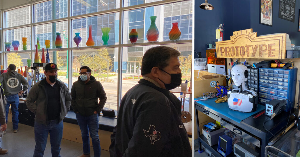 On the left, the team views some of the designs created by Fab Lab and community featuring colorful vases being displayed in front of a window. On the right, an incomplete prototype robot is displayed on a workshop bench. 