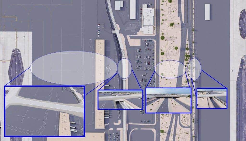 Una vista en planta de las condiciones existentes muestra las características de alineación de las calles de rodaje propuestas ilustradas en un modelo 3D, parte de nuestro proceso para cuantificar los alcances de trabajo reembolsables por subvenciones de la FAA.